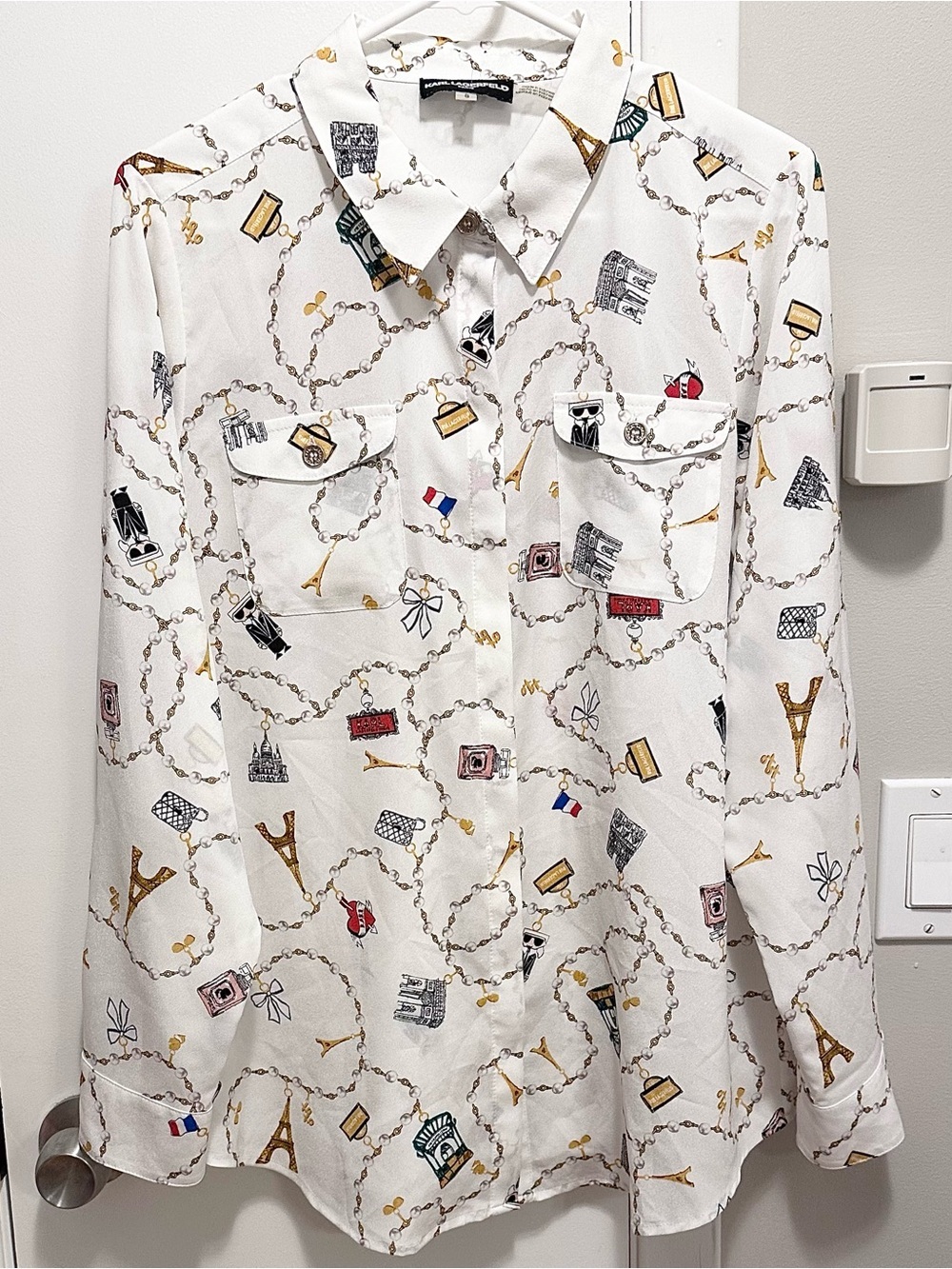 KARL LAGERFELD Paris White Eiffel Tower Long Slv Button Down Shirt L Parisian